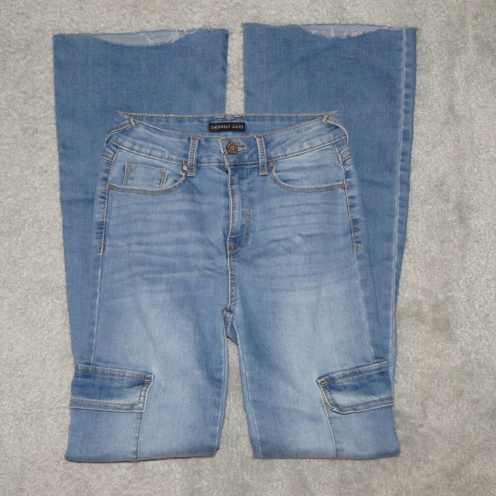 Sincerely Jules Cargo Flare Jeans Wide Leg Raw Hem Blue Size 25 1